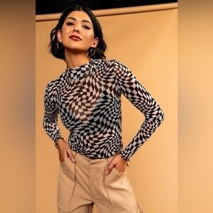 Dressed in Lala Wavy Check Mesh Mock neck